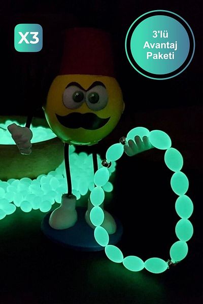 The Collection 3 Pieces of Green Phosphorescent Cat's Eye Powder Amber Bracelet that Glows in the Dark 3-Piece Bracelet
