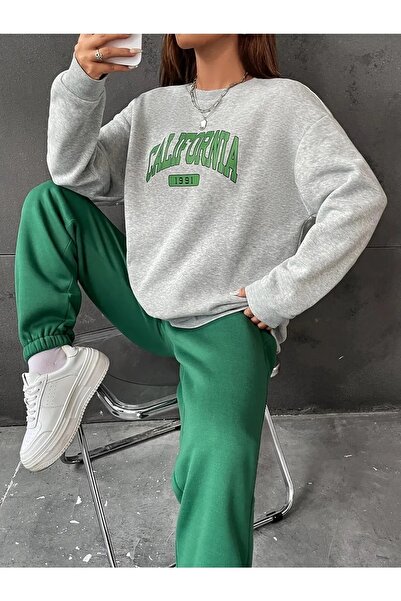 Machetta Plus Size California Printed Crew Neck Tracksuit Set