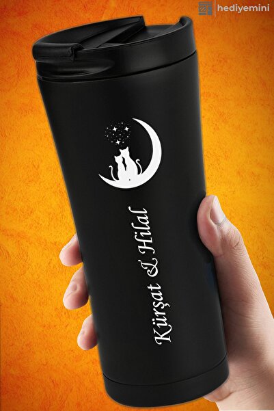 megame Kişiye Özel Siyah Kilitli Termos 500 Ml, Çay Kahve Kamp Termos, Vakuml...