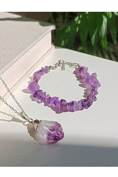 NehirTaş Raw Amethyst Necklace and Bracelet Natural Stone Set - Certified