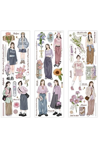 SF SCRAPBOOK KIRTASİYE Scrapbook 3 Parça Girls Vintage Retro Pet Sticker/Etik...