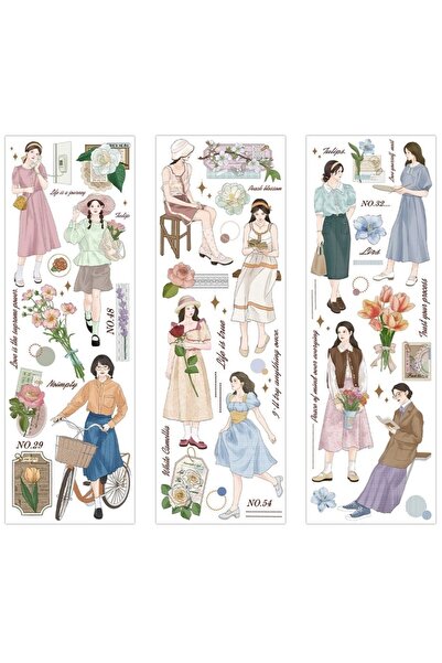 SF SCRAPBOOK KIRTASİYE Scrapbook 3 Parça Girls Vintage Retro Pet Sticker/etiket/bullet/journal Scrapbooking