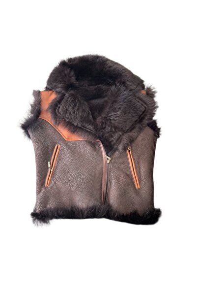 Lndr Özel Üretim Taba-Kahve İçi Kürklü Gerçek Deri Kadın Yeleği