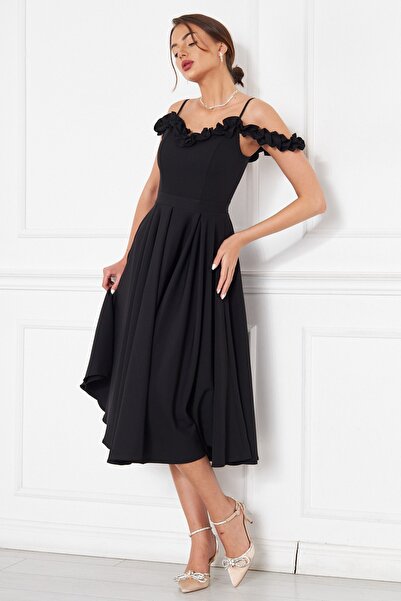 NO48 Rochie de absolvire și de seară, cu bretele negre, cu detaliu de volan, țesătură fluidă, țesătură fluidă.