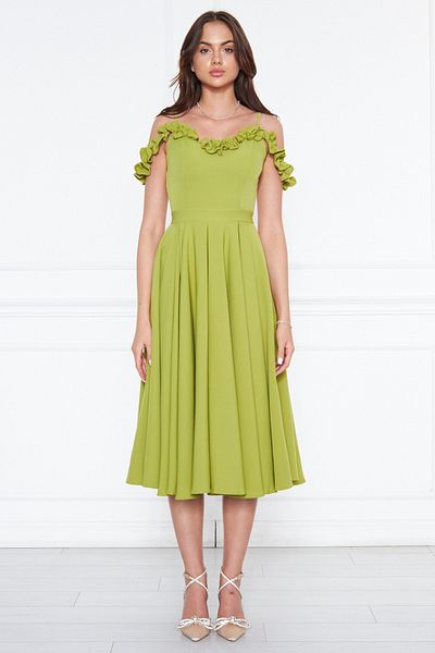 NO48 Pistachio Green Hanging Neck Ruffle Detail Off-Shoulder Draped Fabric Midi Length Graduation and Evening Dress