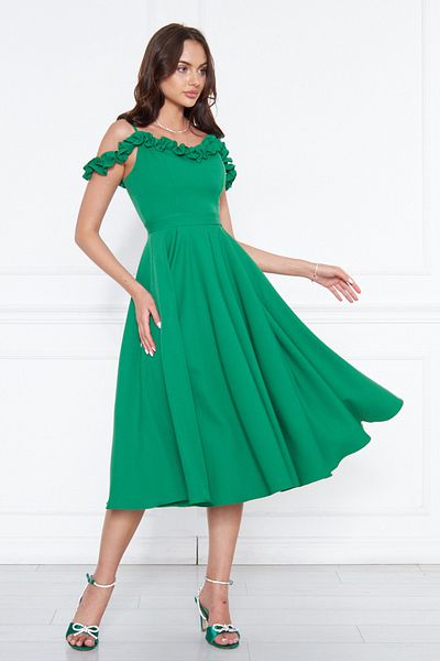 NO48 Green Hanging Neck Ruffle Detail Off-Shoulder Woven Draped Fabric Midi Length Graduation And Evening Dress