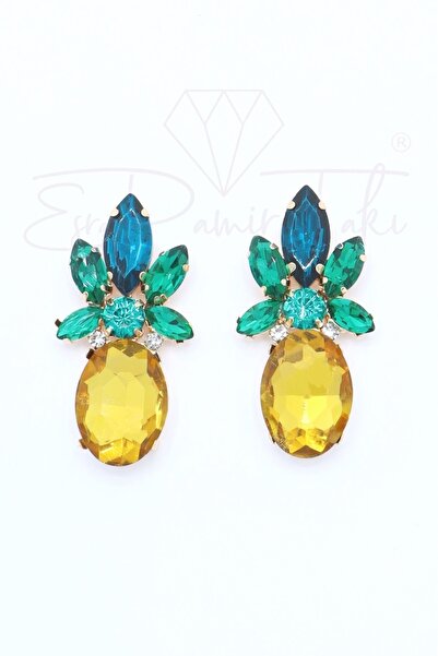 Esra Pamir Sarı Ve Yeşil Renk Ananas Abiye Küpe