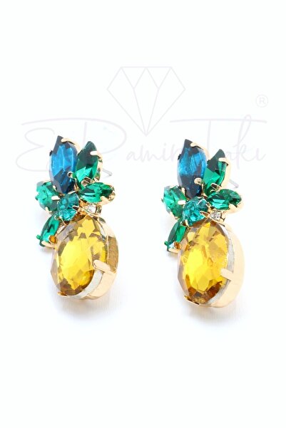 Esra Pamir Sarı Ve Yeşil Renk Ananas Abiye Küpe