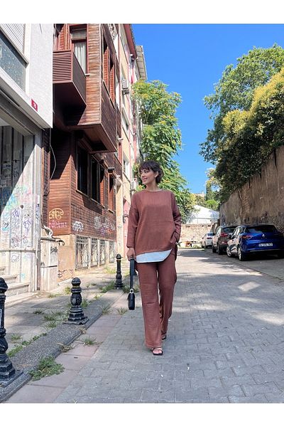soBasic Set dublu tunică și pantaloni garniți de culoarea gâtului roșu - maro