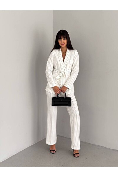 han fashion Bağlamalı Çizgili Sahte Cepli Kemerli Şal Yaka Blazer Ceket Boru Paça Esnek Pantolon Takım Elbise