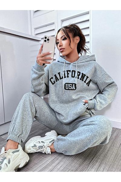 MODARİCH California USA Hooded Combination Bottom Top Tracksuit Set - Gray Printed Oversize Rubber Legs