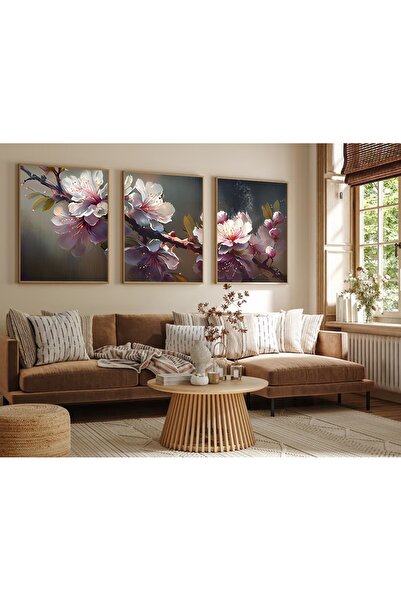 huhuli Ahşap Çerçeveli Yağlı Boya Çiçek 3’lü Tablo