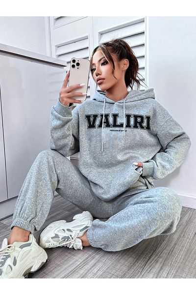 MODARİCH Σετ αθλητικής φόρμας Valiri Hooded Combination Bottom Top - Γκρι εμπριμέ Oversize Rubber Leg
