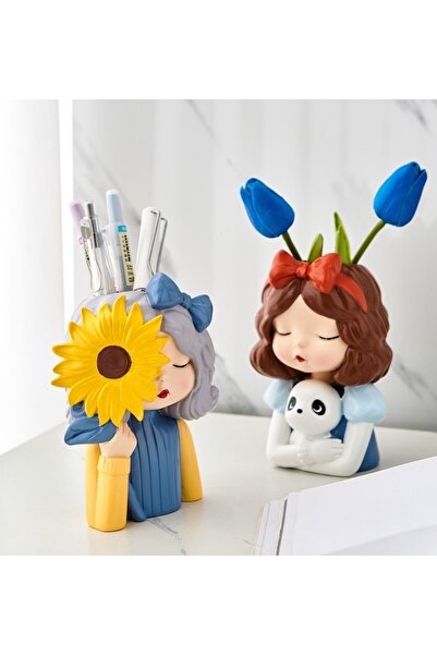 FLORADA Yeni Dekoratif 2'li Cici Kızlar Masa Üstü Kalemlik, Sukulent Saksı Se...