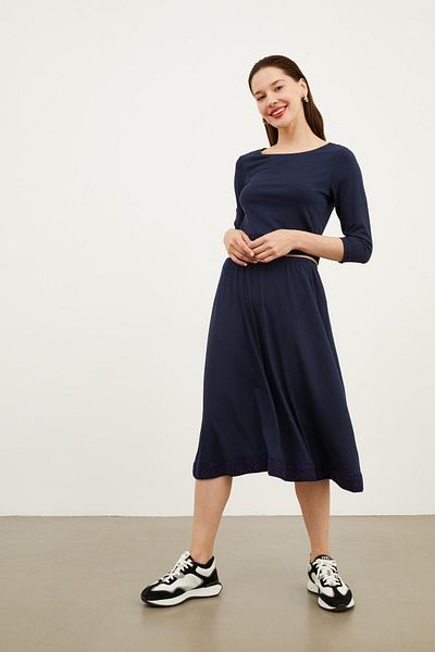 Hanna's by Hanna Darsa Women's Navy Blue Crop Top Long Sleeve Midi Length Skirt Knitted Fabric Skirt Ends Sleeve Mouths Lace Suit