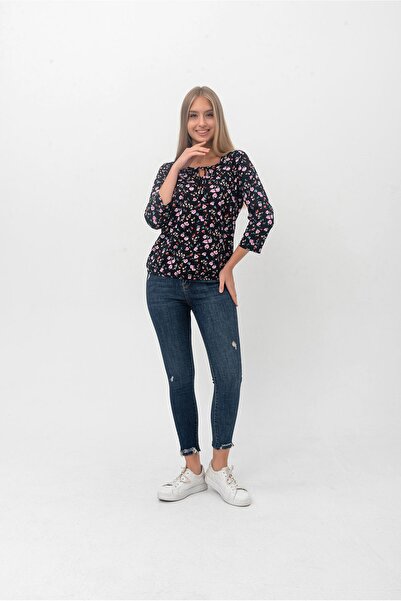 Nur Aka by Nurteks Floral Blouse with Rope Detail on the Collar