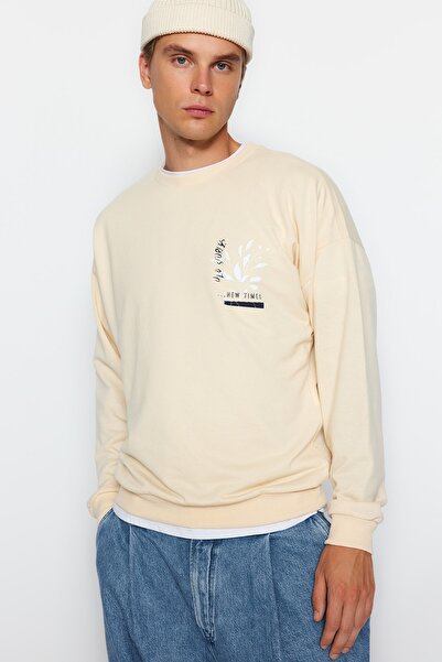 Trendyol Collection Μπεζ μπλούζα με λαιμόκοψη βαμβακερή υπερμεγέθη - TMNAW22SW0642