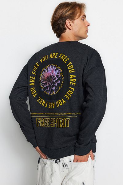 Trendyol Collection Φούτερ με φλοράλ στάμπα ανθρακί - Fleece, Keep Warm TMNAW23SW00493