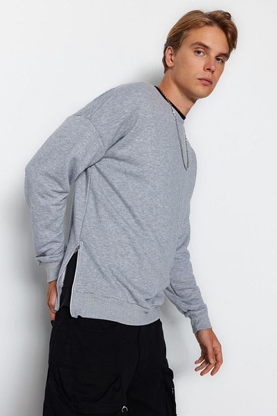Trendyol Collection Gray Zippered Long Sleeve Crew Neck Sweatshirt - Regular Fit TMNAW21SW0228