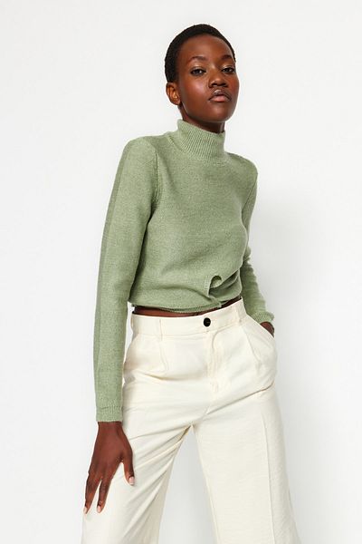 Trendyol Collection Türkisfarbener Glitzer-Strickpullover mit Bindedetail TWOAW24KZ00956