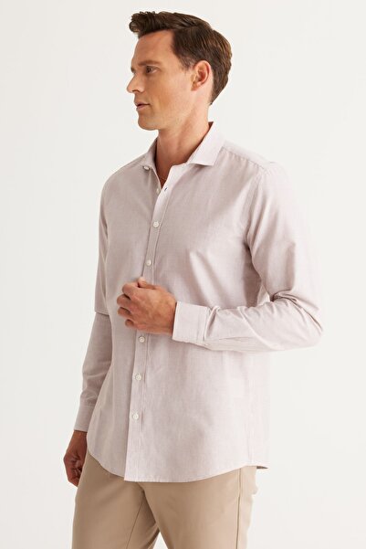 ALTINYILDIZ CLASSICS Pánska bielo-hnedá Slim Fit Slim Fit Taliansky golier 100% bavlna Dobby Shirt