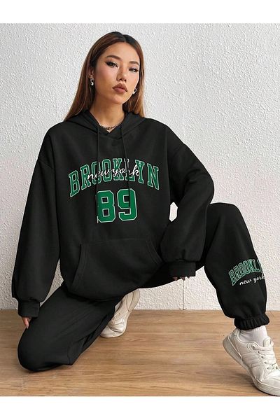 Machetta Unisex Σετ φόρμας με μαύρη κουκούλα 3 κλωστών - Brooklyn 89 Green Printed