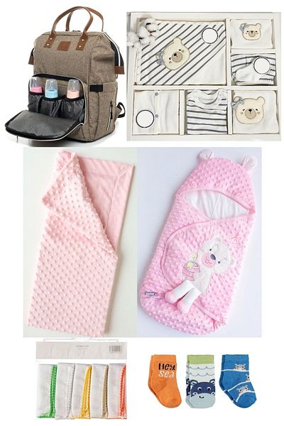 Necix's 6-Piece CUTE MONTHS BIRTH SET (10-Piece HOSPITAL EXIT, BABY BAG, SWADDLE, BLANKET, WIPES AND SOCKS SET)