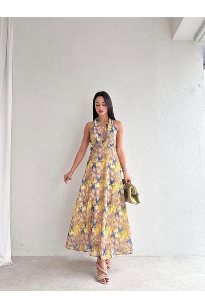 munora butik Ethnic Patterned Midi Yellow Dress