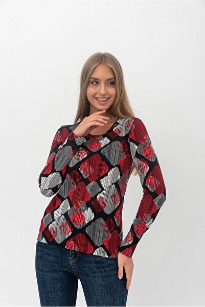 Nur Aka by Nurteks Geometric Patterned Round Neck Blouse