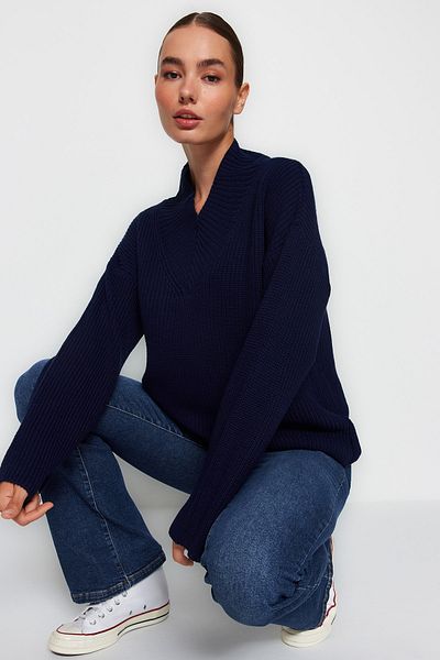 Trendyol Collection Sötétkék Wide Fit kötöttáru pulóver TWOAW24KZ00991