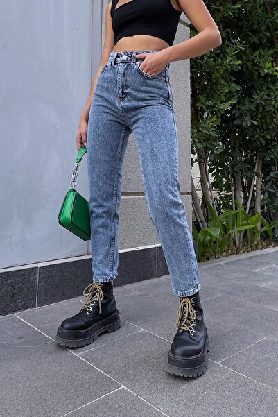 BROSERER Frango svetloplave Mom farmerke s Sa likrom Visok struk plave snježn...