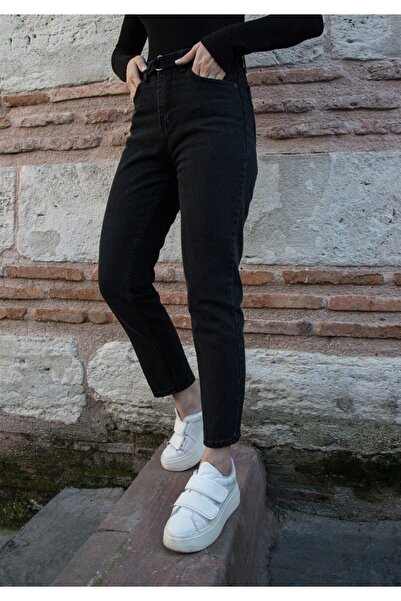 BROSERER Zerdaie Blugi Mom negri cu talie înaltă pentru femei Pantaloni din d...