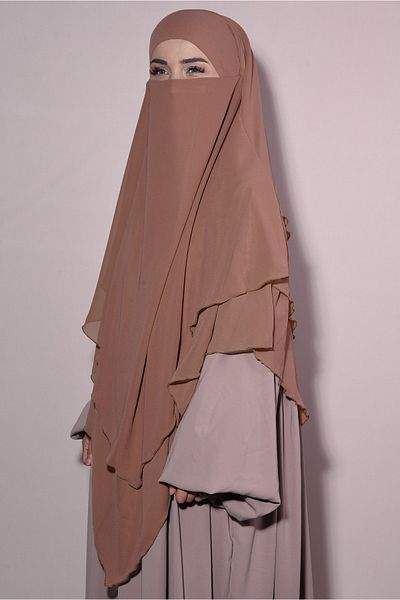 Nowa Scarf Souffle Khimar Hijab with Veil Three Layers Chiffon Shawl Tan