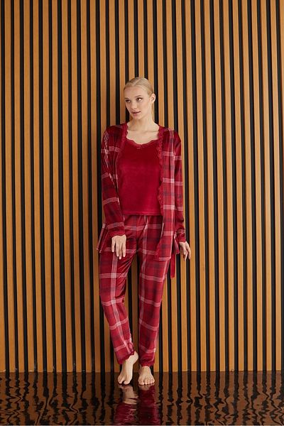 BERİN HOMEWEAR WOMEN'S FRENCH VELVET WINTER PAJAMA SET WITH DRESSING Gown