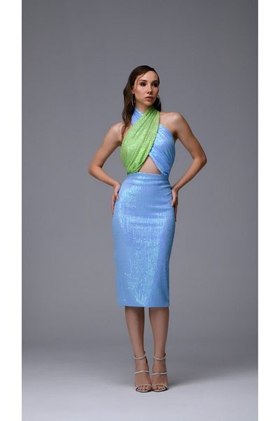 Gira official Rochie midi cu paiete, verde, albastru, cu detaliu încrucișat