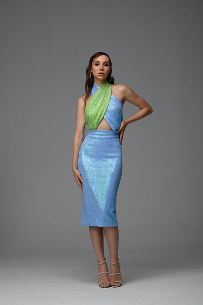 Gira official Rochie midi cu paiete, verde, albastru, cu detaliu încrucișat