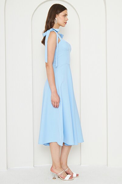 lovebox Атласна тканина з наповненими грудьми, з бретельками, дизайном у вигляді шлейфу, середньої довжини, синя вечірня сукня 166