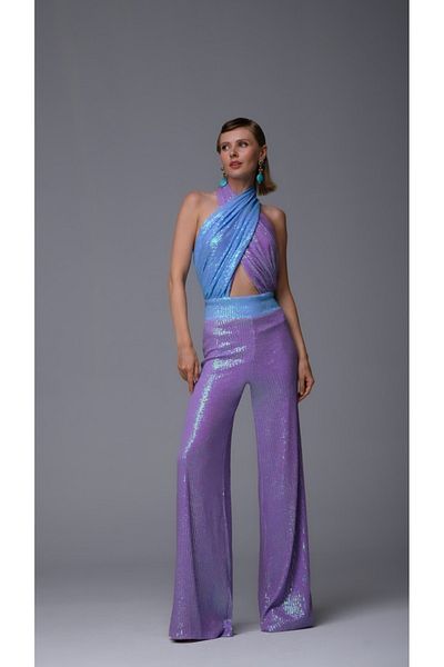 Gira official Lilac blue color block jumpsuit