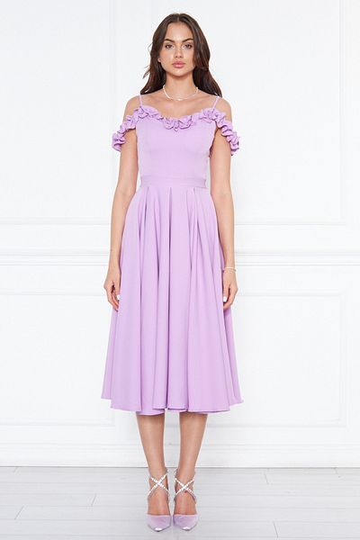 NO48 Lilac Hanging Neck Ruffle Detail Off-Shoulder Woven Draped Fabric Midi Length Graduation And Evening Dress