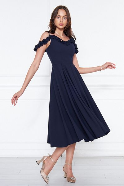 NO48 Navy Blue Hanging Neck Ruffle Detail Off-Shoulder Woven Draped Fabric Midi Length Graduation and Evening Dress