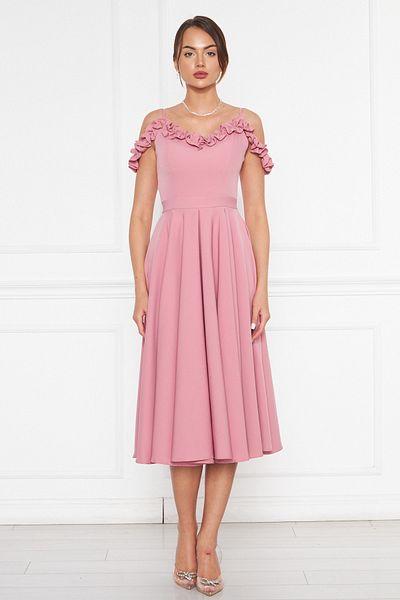 NO48 Dried Rose Hanging Neck Ruffle Detail Off-Shoulder Draped Fabric Midi Length Graduation and Evening Dress