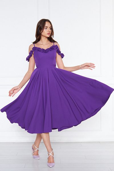 NO48 Purple Hanging Neck Ruffle Detail Off-Shoulder Woven Draped Fabric Midi Length Graduation And Evening Dress