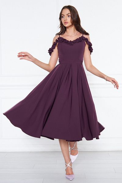 NO48 Plum Hanging Neck Ruffle Detail Off-Shoulder Woven Draped Fabric Midi Length Graduation and Evening Dress