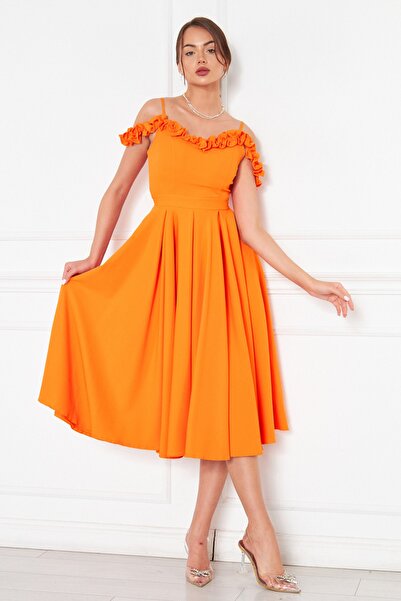NO48 Πορτοκαλί λουράκι με βολάν με λεπτομέρεια από τον ώμο, υφαντό ύφασμα με ντραπέ, μίντι φόρεμα αποφοίτησης και βραδινό φόρεμα