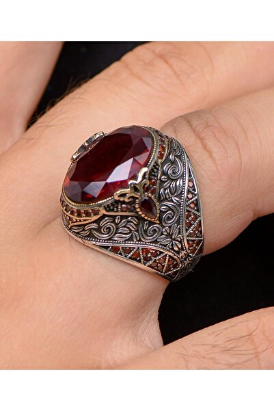 Prestige Kırmızı Zirkon Taşlı Zirkon Taş Süslemeli 925 Ayar Gümüş Erkek Yüzüğü