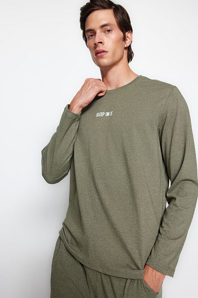 Trendyol Collection Khaki nyomott kötött pizsama szett TMNAW24PT00005