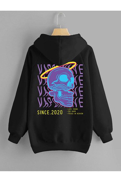 DEEPSENCE Unisex Black Hoodie Sweatshirt Vapoewawe Back Printed Cotton Fabric