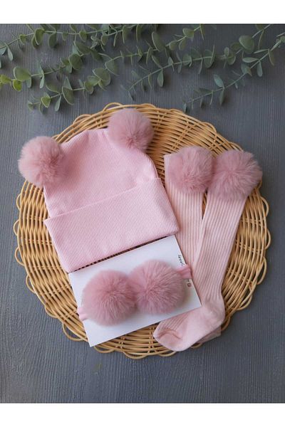 pempem bandana Baby girl plush pom-pom cap, beret, pom-pom band and knee-high socks set