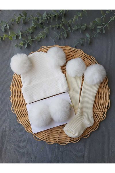 pempem bandana Baby girl plush pom-pom cap, beret, pom-pom band and knee-high socks set
