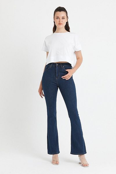 DRC trend Pantaloni de damă Teresa Lycra cu talie înaltă, albastru închis, blugi evazați spanioli